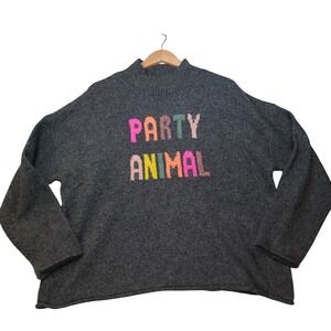 Lou & Grey Party Animal Gray Mock Neck Oversized Graphic Knit Sweater XL